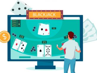 Hombre jugando al juego de blackjack en Internet usando una computadora portátil