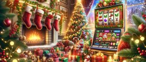 Máquina tragamonedas en línea decorada con motivos navideños y ambiente festivo.