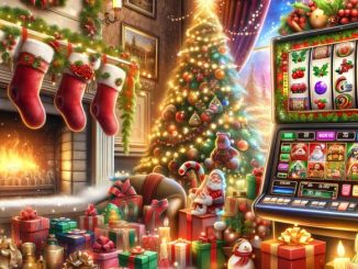 Máquina tragamonedas en línea decorada con motivos navideños y ambiente festivo.